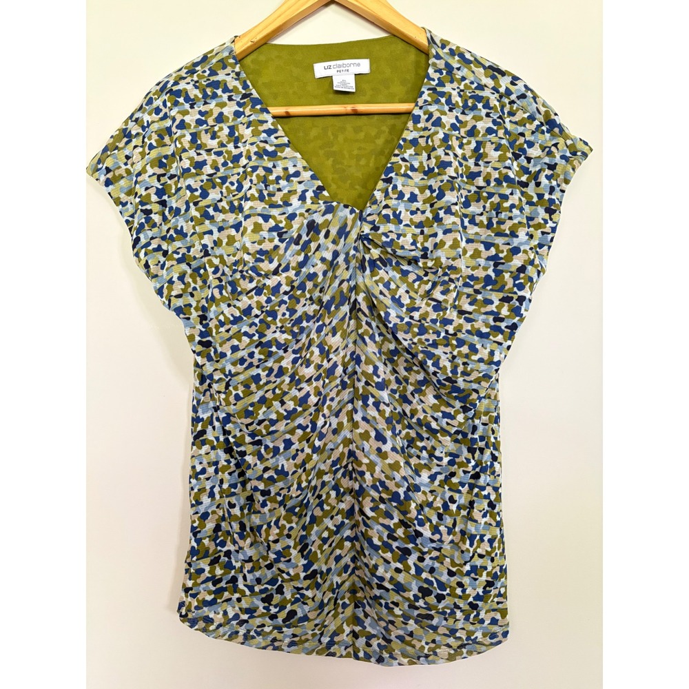 Liz Claiborne Petite V-Neck Knot Front Abstract Print Mesh Blouse Green‎ Blue PL